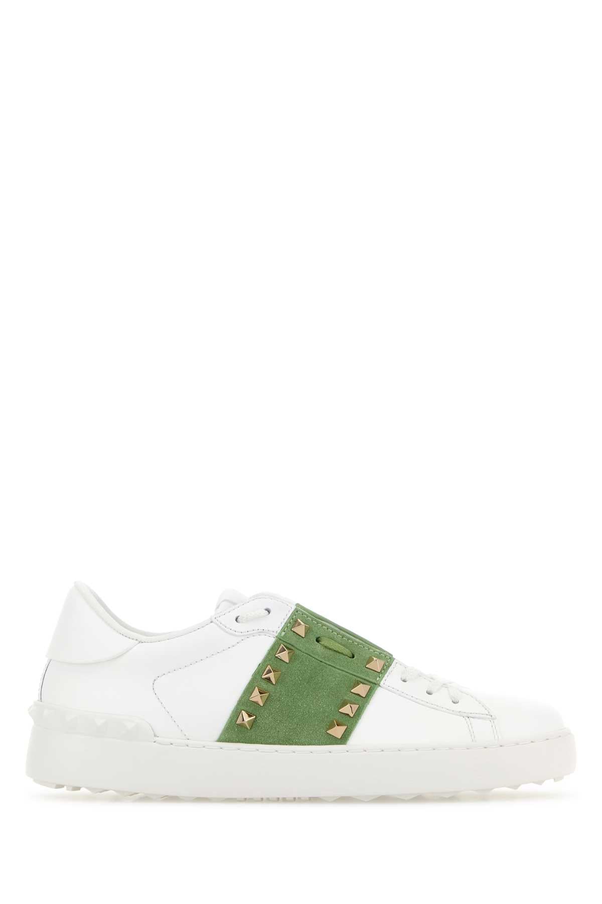 Valentino Garavani Women White Leather Rockstud Untitled Sneakers With Green Band VALENTINO GARAVANI