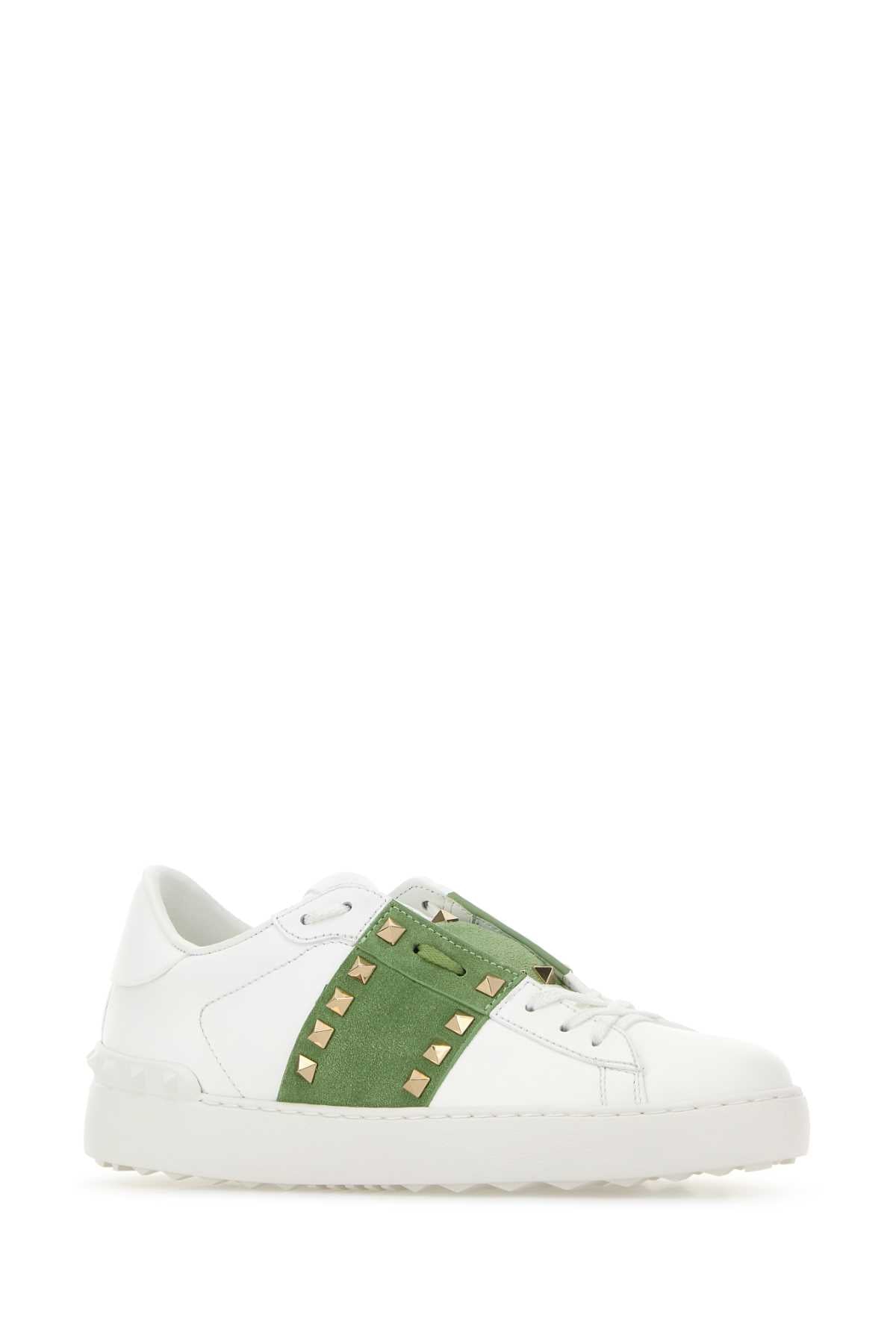 Valentino Garavani Women White Leather Rockstud Untitled Sneakers With Green Band VALENTINO GARAVANI