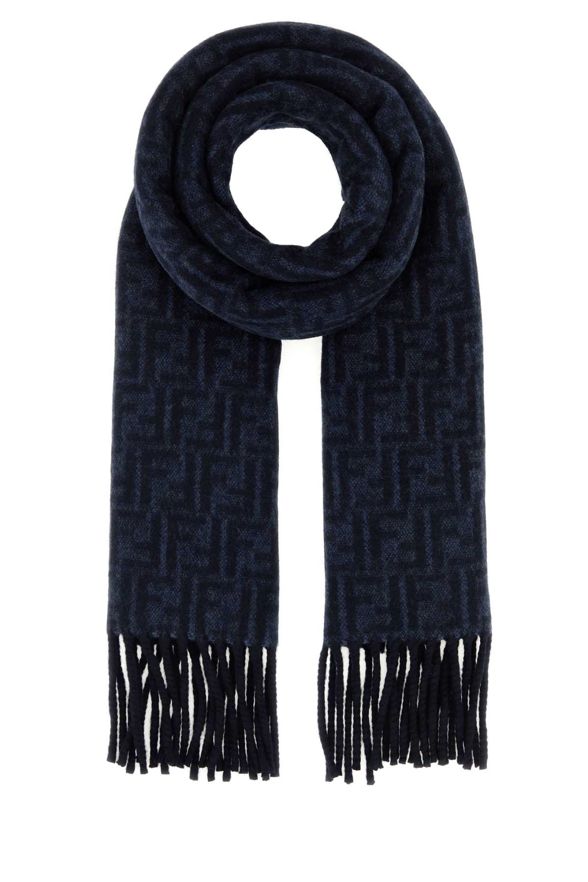 Fendi Men Dark Blue Wool And Cashmere Reversible Scarf FENDI