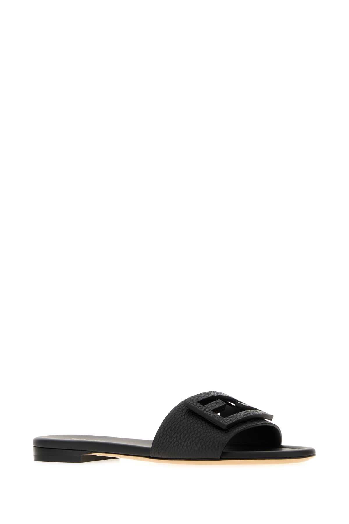 Fendi Women Black Leather Baguette Slippers FENDI