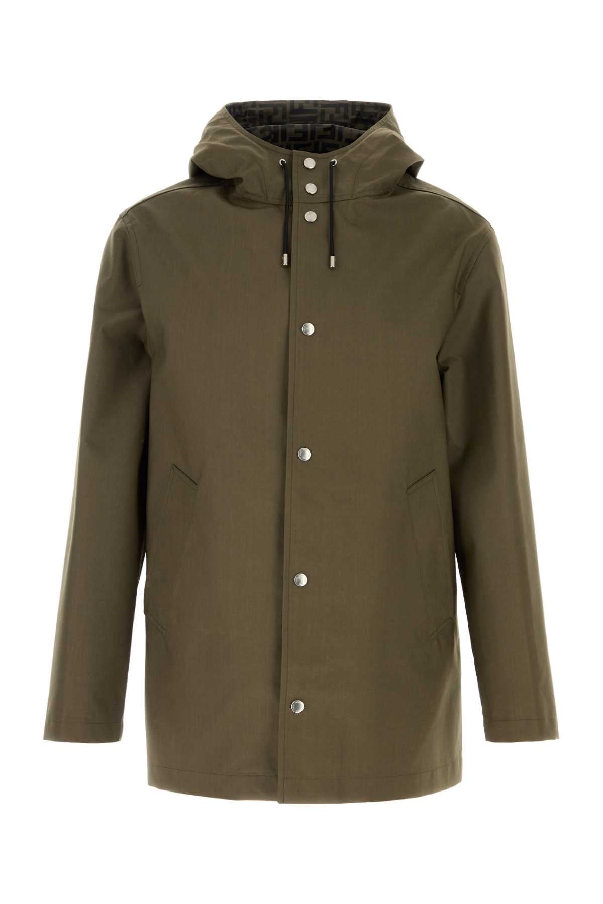 Fendi Men Army Green Jacquard Parka Coat FENDI
