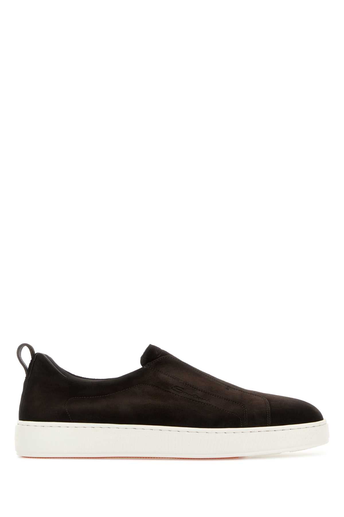 Santoni Men Dark Brown Suede Victory Slip Ons SANTONI