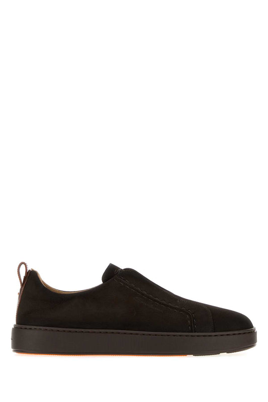 Santoni Men Dark Brown Nubuck Victory Slip Ons SANTONI