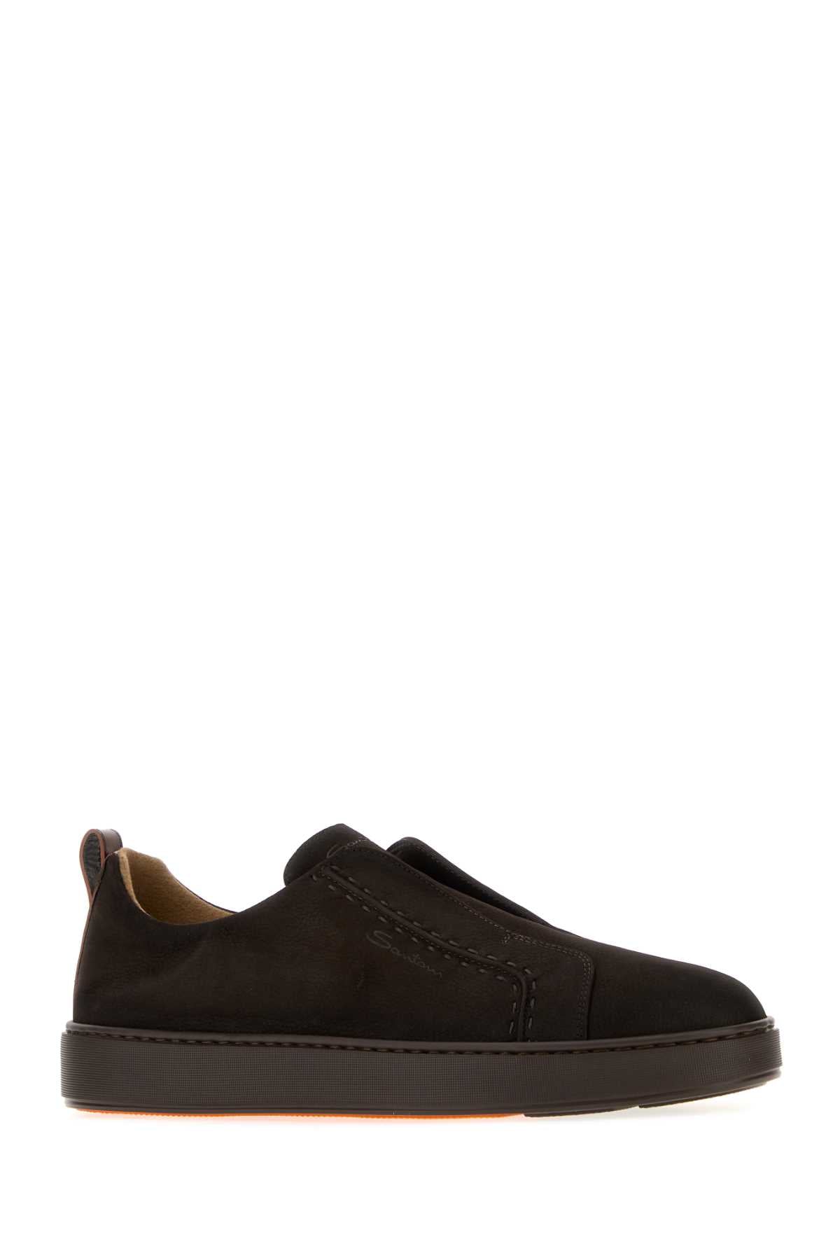 Santoni Men Dark Brown Nubuck Victory Slip Ons SANTONI