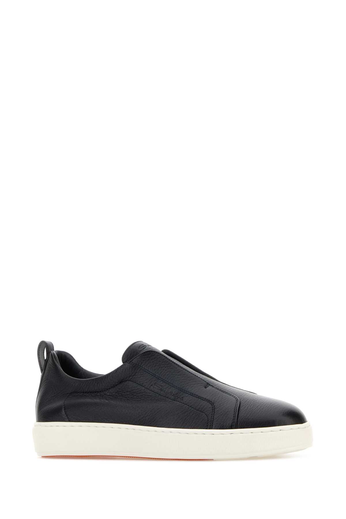 Santoni Men Dark Blue Leather Victory Slip Ons SANTONI