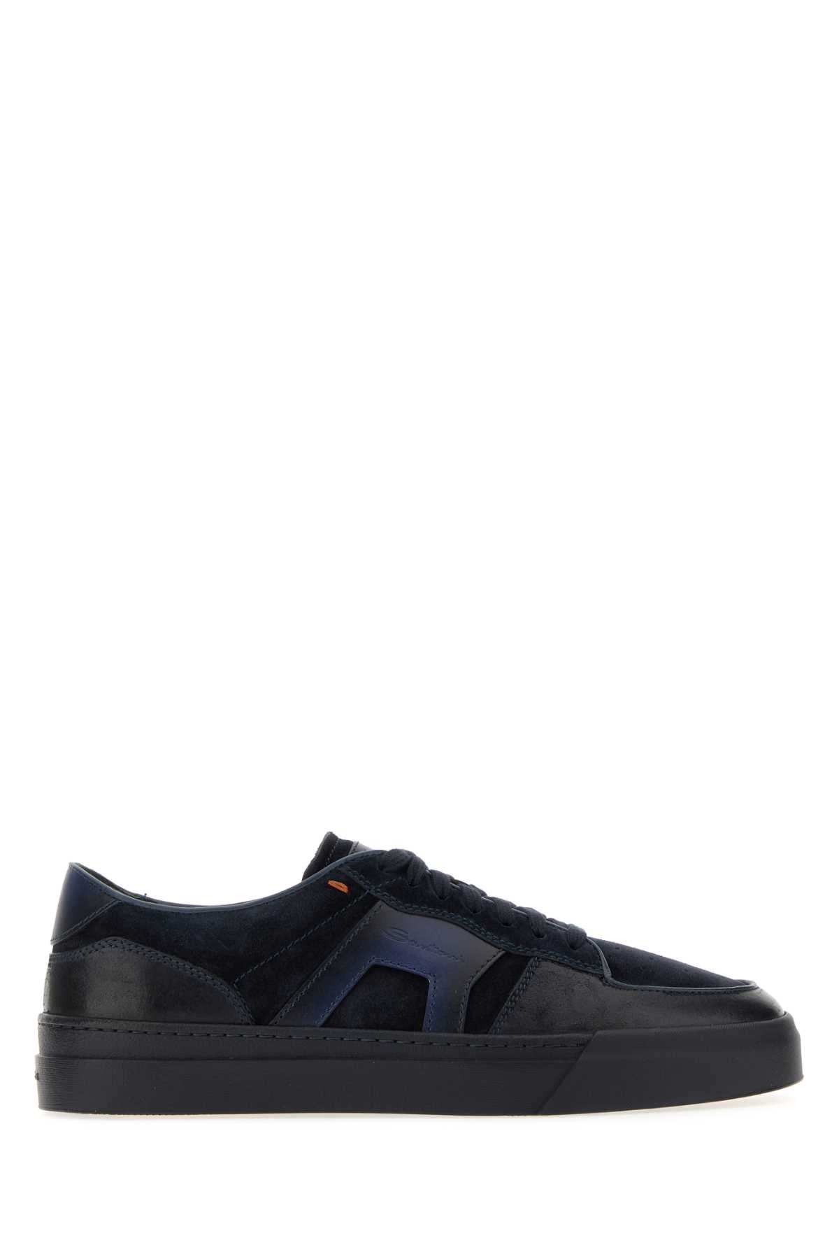 Santoni Men Blue Leather And Suede Sport Sneakers SANTONI