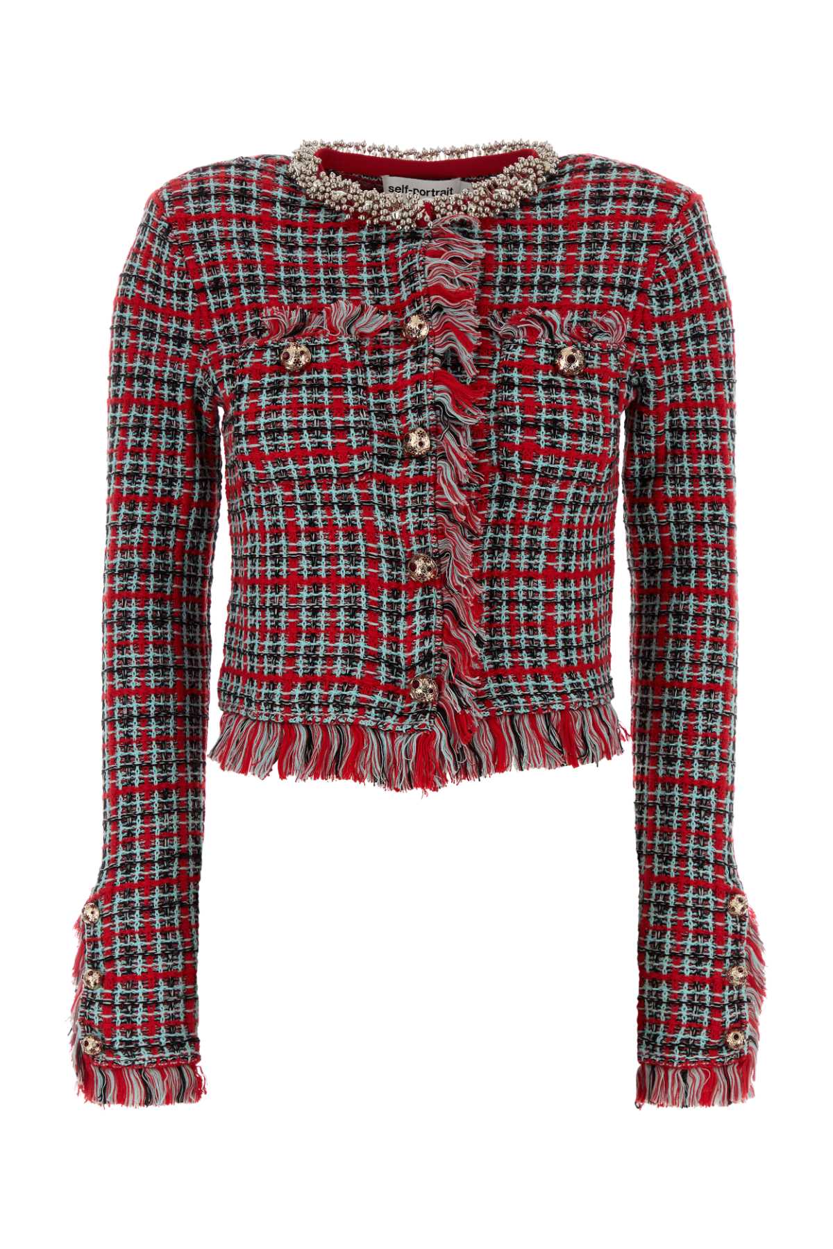 Self Portrait Women Red Check Frayed Knit Jacket SELF-PORTRAIT