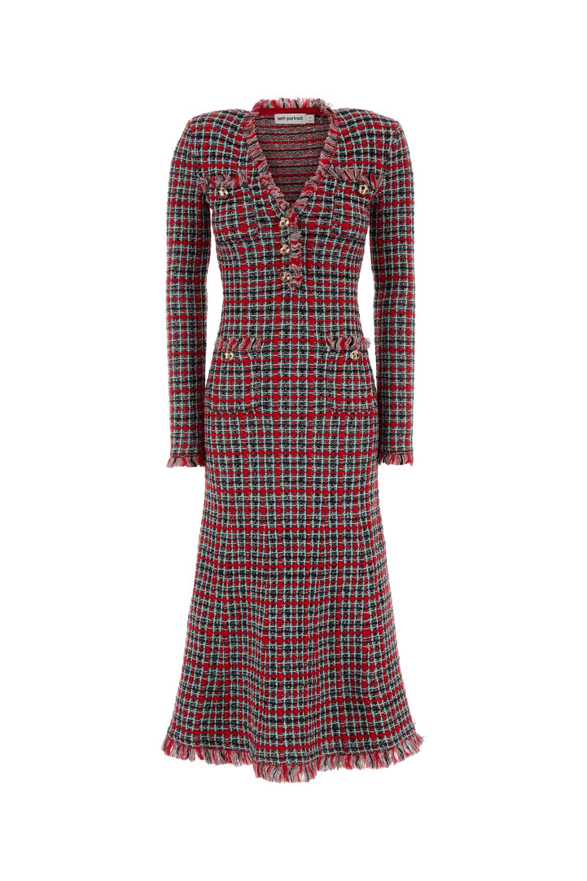 Self Portrait Women Red Check Frayed Knit Midi Dress SELF-PORTRAIT