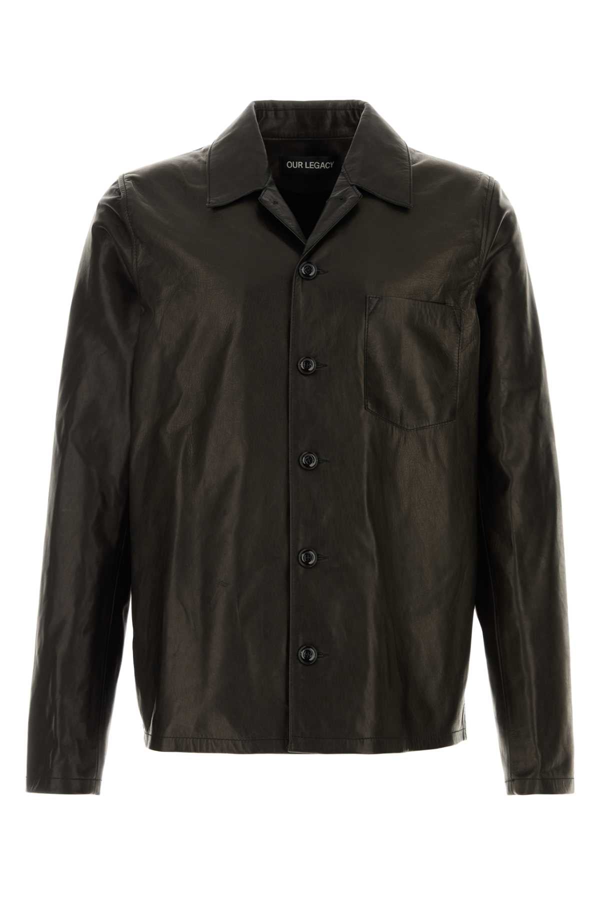Our Legacy Men Dark Brown Leather Overshirt OUR LEGACY