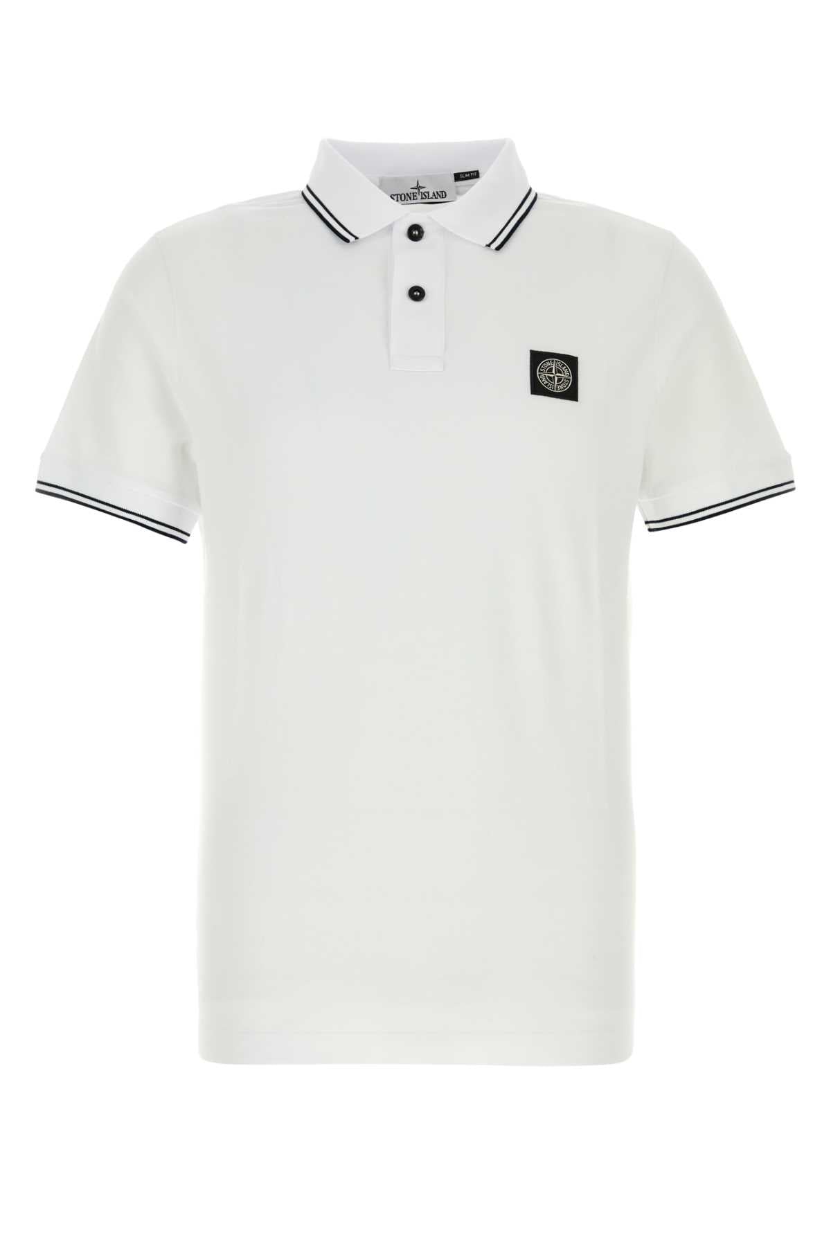 Stone Island Men White Stretch Piquet Polo Shirt STONE ISLAND
