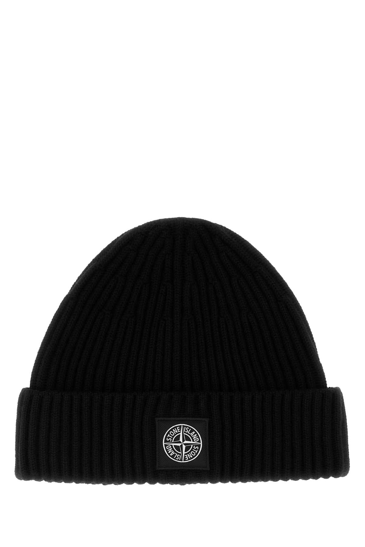 Stone Island Men Black Wool Beanie Hat STONE ISLAND