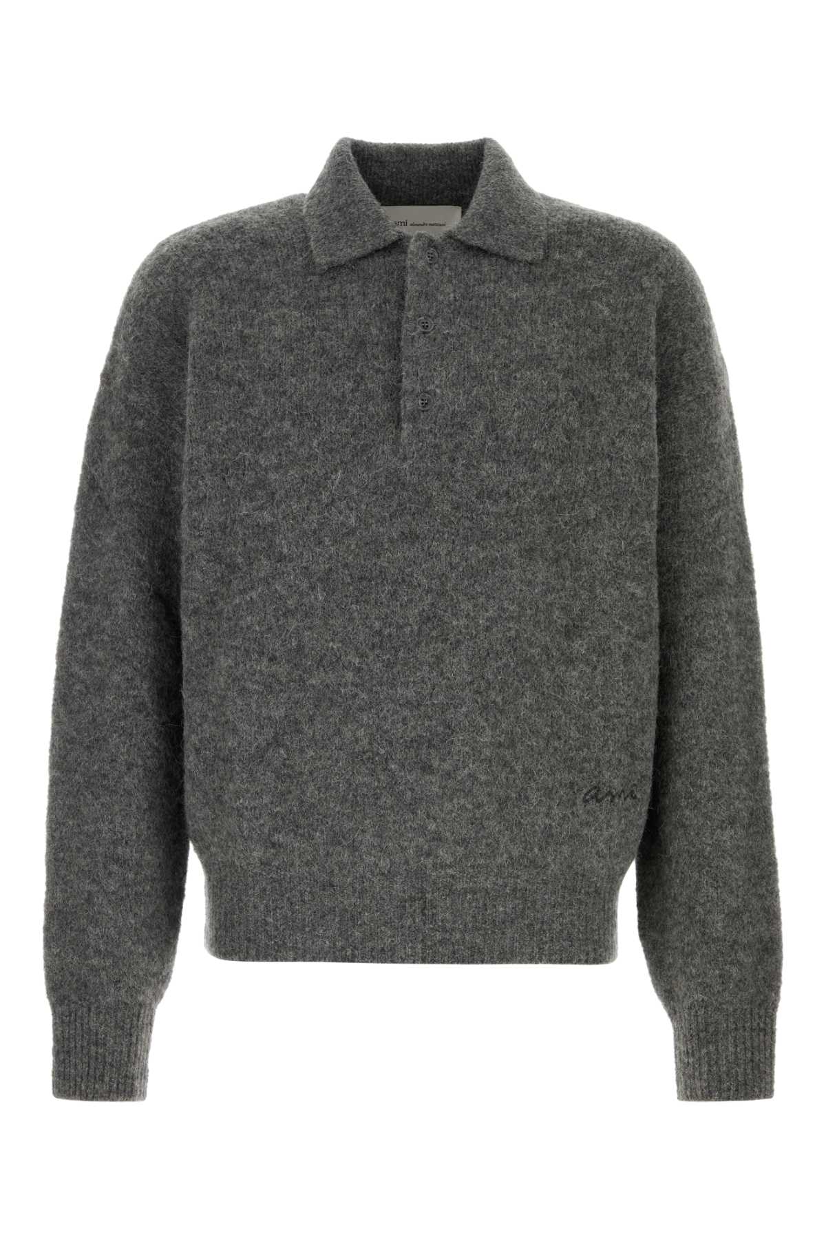 Ami Men Dark Grey Stretch Alpaca Blend Polo Shirt AMI PARIS