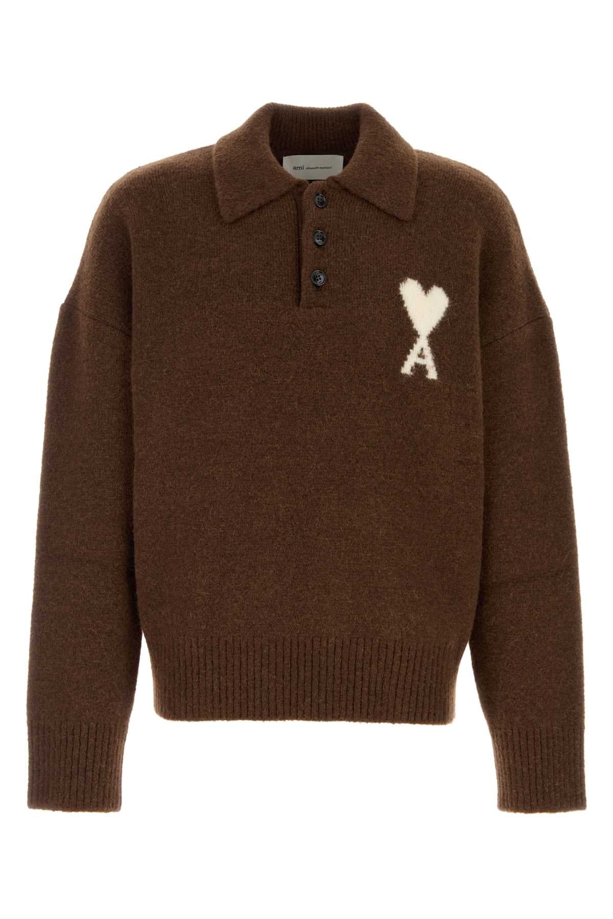Ami Men Chocolate Stretch Alpaca Blend Polo Shirt AMI PARIS