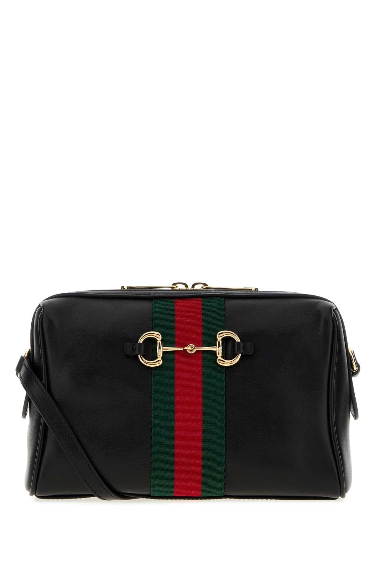Gucci Women Black Leather Small Gucci Horsebit Web Crossbody Bag GUCCI