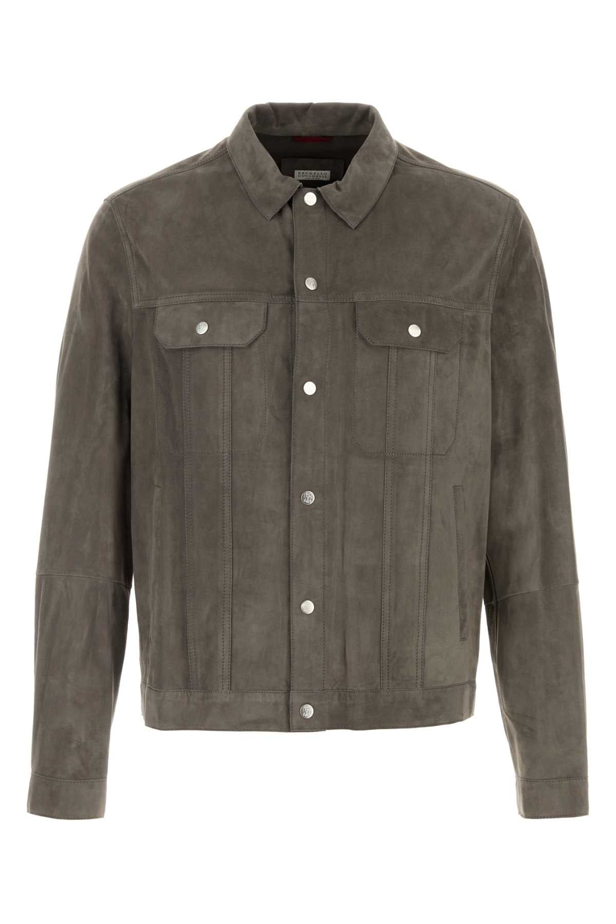 Brunello Cucinelli Men Dove Grey Suede Overshirt BRUNELLO CUCINELLI