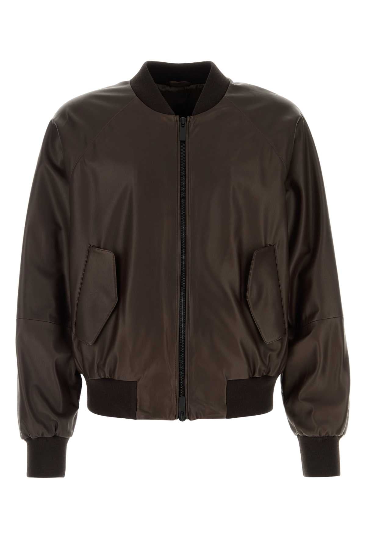 Giorgio Armani Men Chocolate Leather Bomber Jacket GIORGIO ARMANI