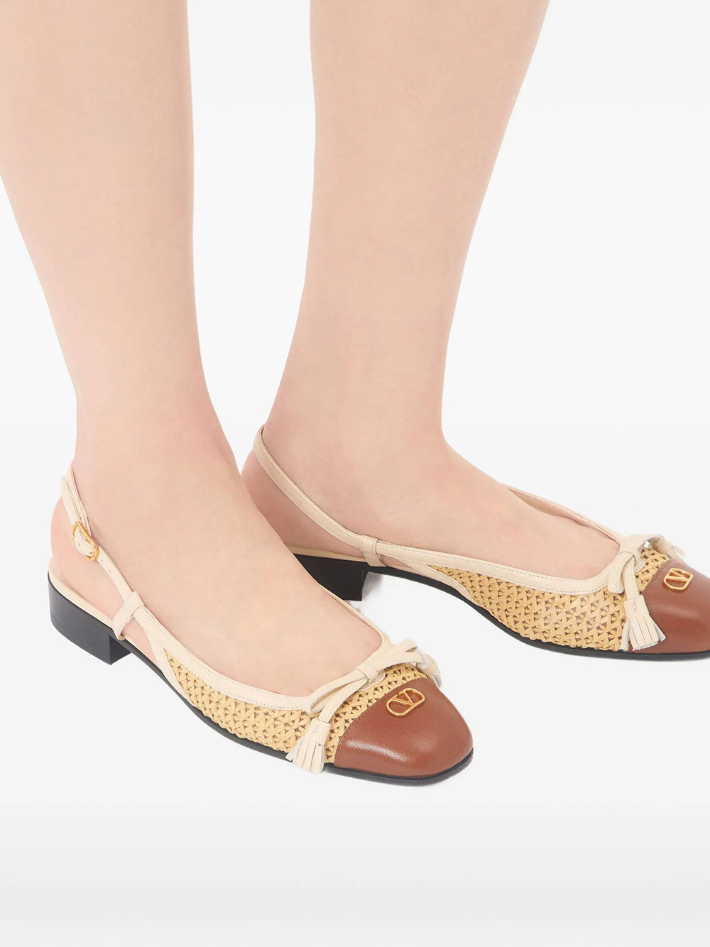 Valentino Garavani Women Valet Du Roi Leather And Raffia Slingback Ballerinas VALENTINO GARAVANI