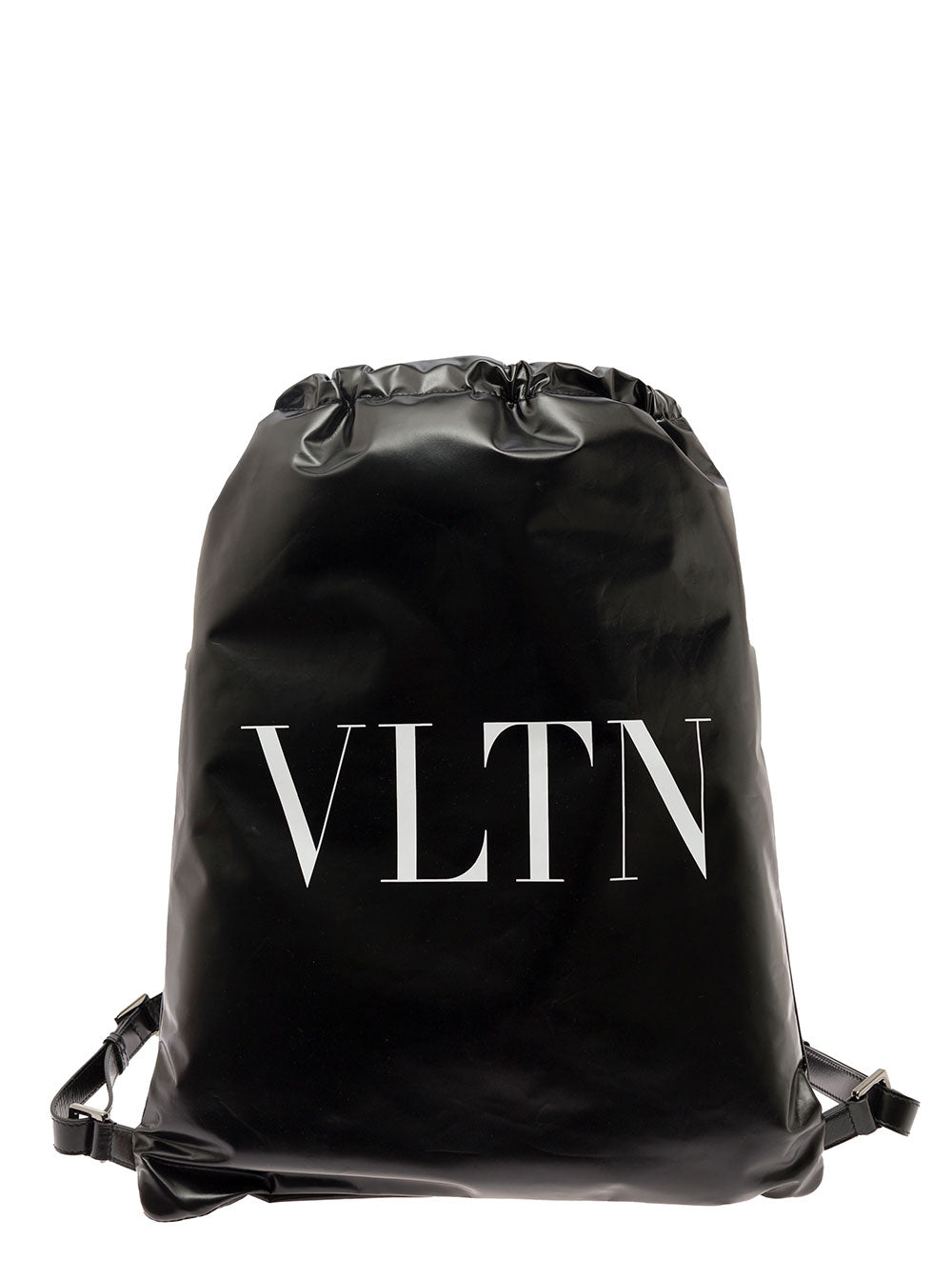 Valentino Garavani Men Black Backpack With Drawstring And Contrasting Vltn Print In Patent Leather Man VALENTINO GARAVANI