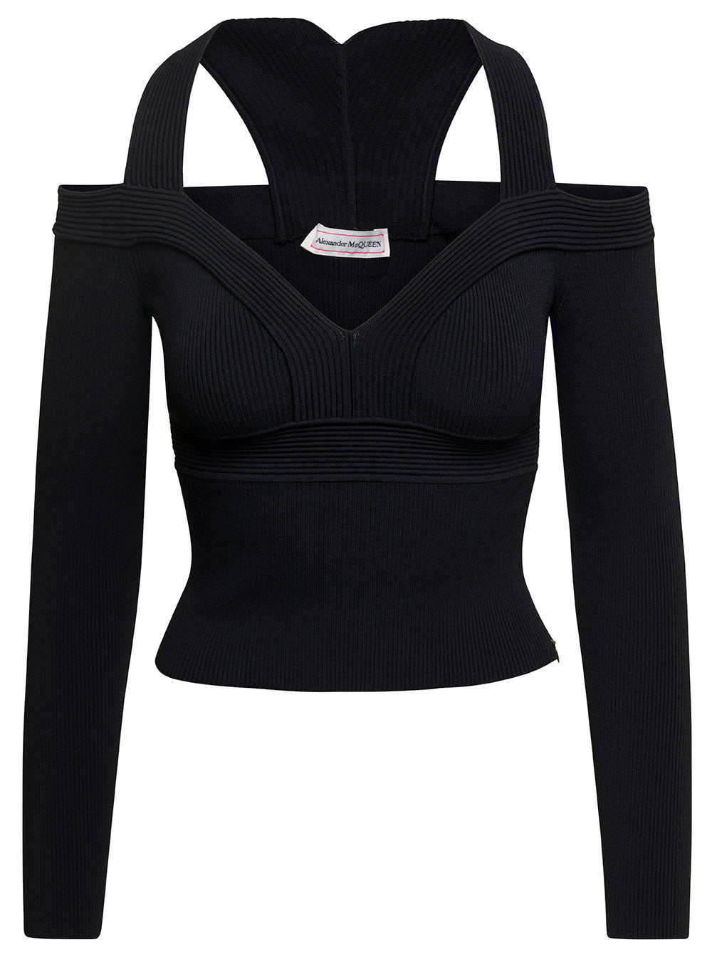 Alexander Mcqueen Women Black Cropped Top With Cut-Out Details Black In Jersey Stretch Woman ALEXANDER MCQUEEN