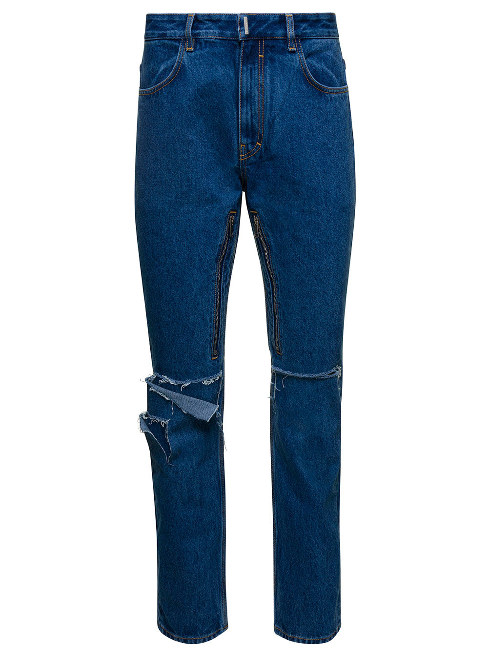 Givenchy Men Blue Jeans With Zip And Rips Details In Cotton Denim Man GIVENCHY
