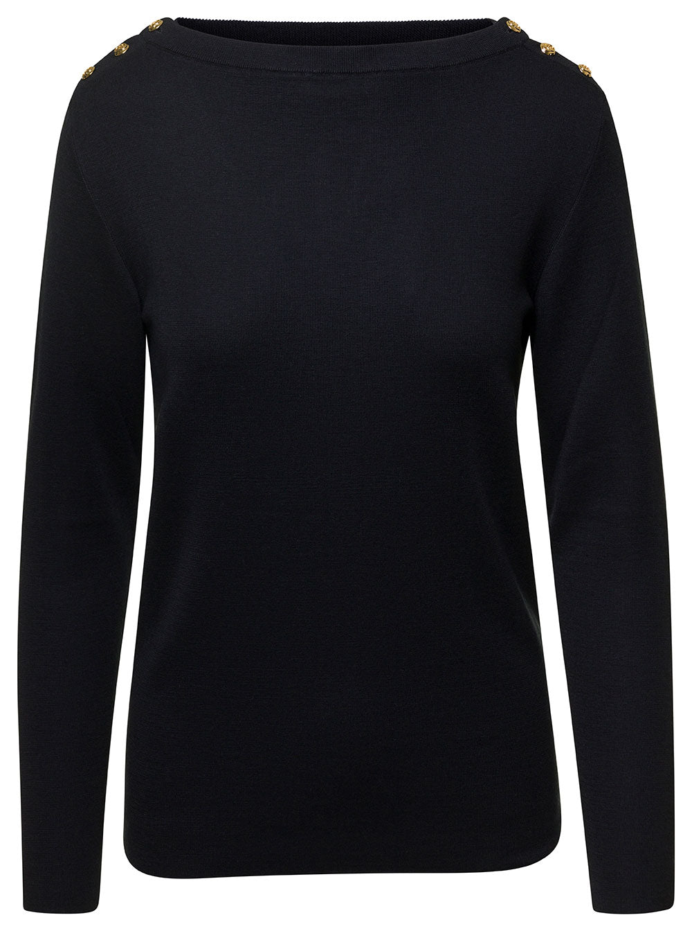 Gucci Women Black Sweater With Boat Neckline And Golden Logo Buttons In Cashmere Woman GUCCI