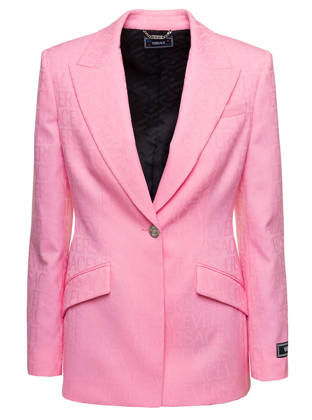 Versace Women Pink Single-Breasted Jacket With All-Over Tonal Logo Lettering Print In Wool Woman VERSACE