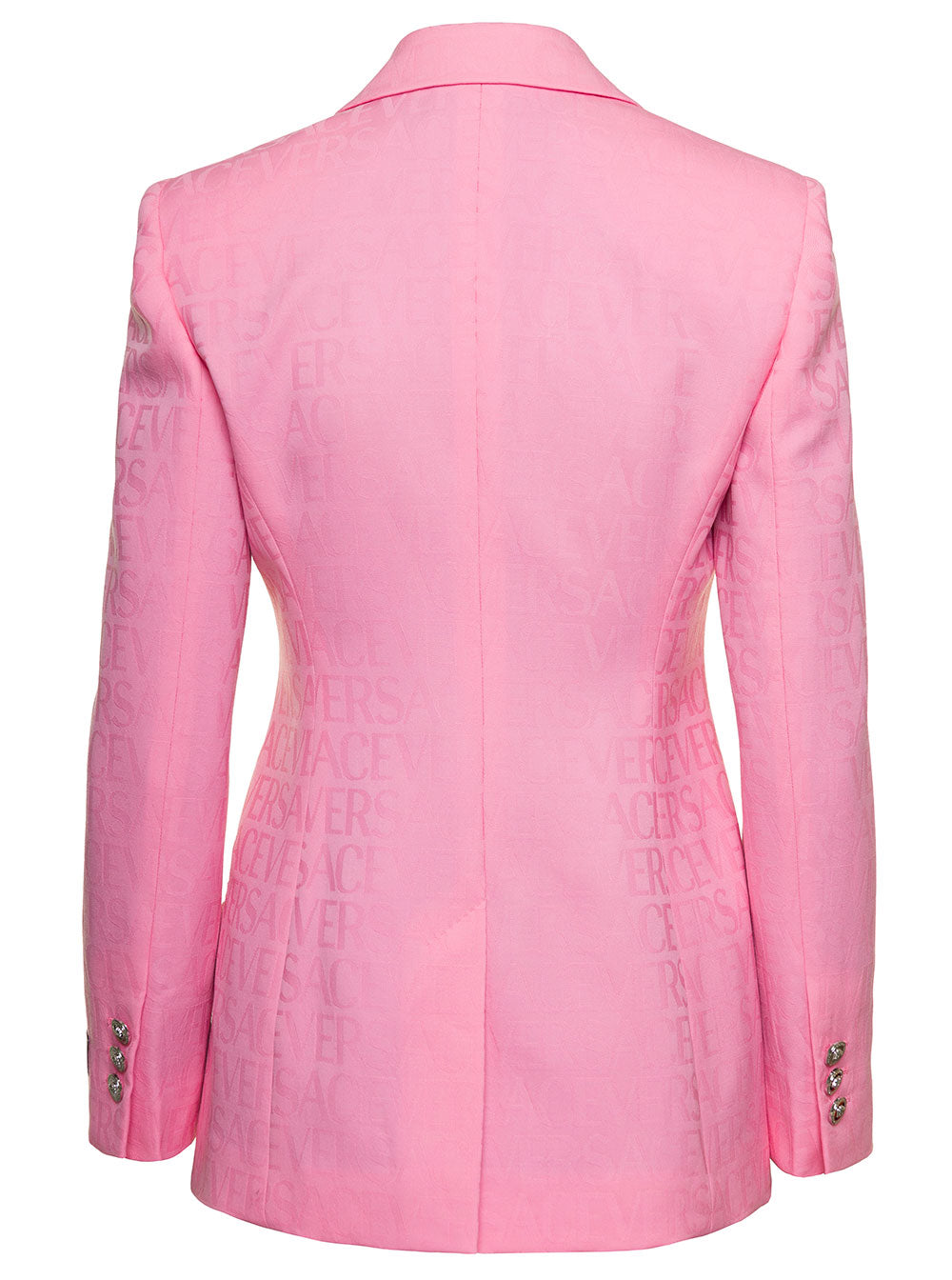 Versace Women Pink Single-Breasted Jacket With All-Over Tonal Logo Lettering Print In Wool Woman VERSACE