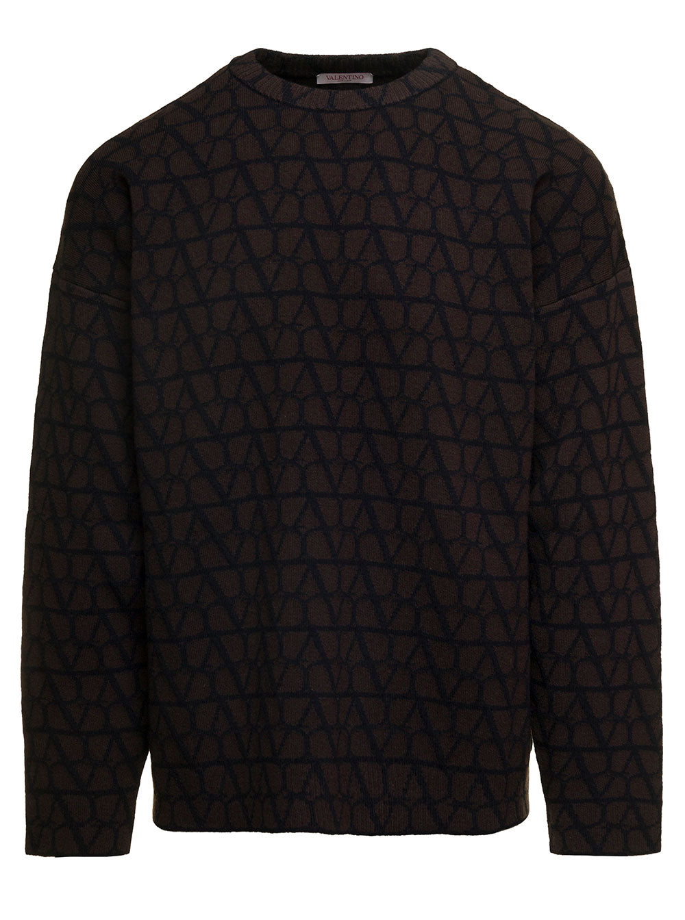 Valentino Men Brown Sweater With  'Toile Iconographe' Allover Print In Virgin Wool Man
