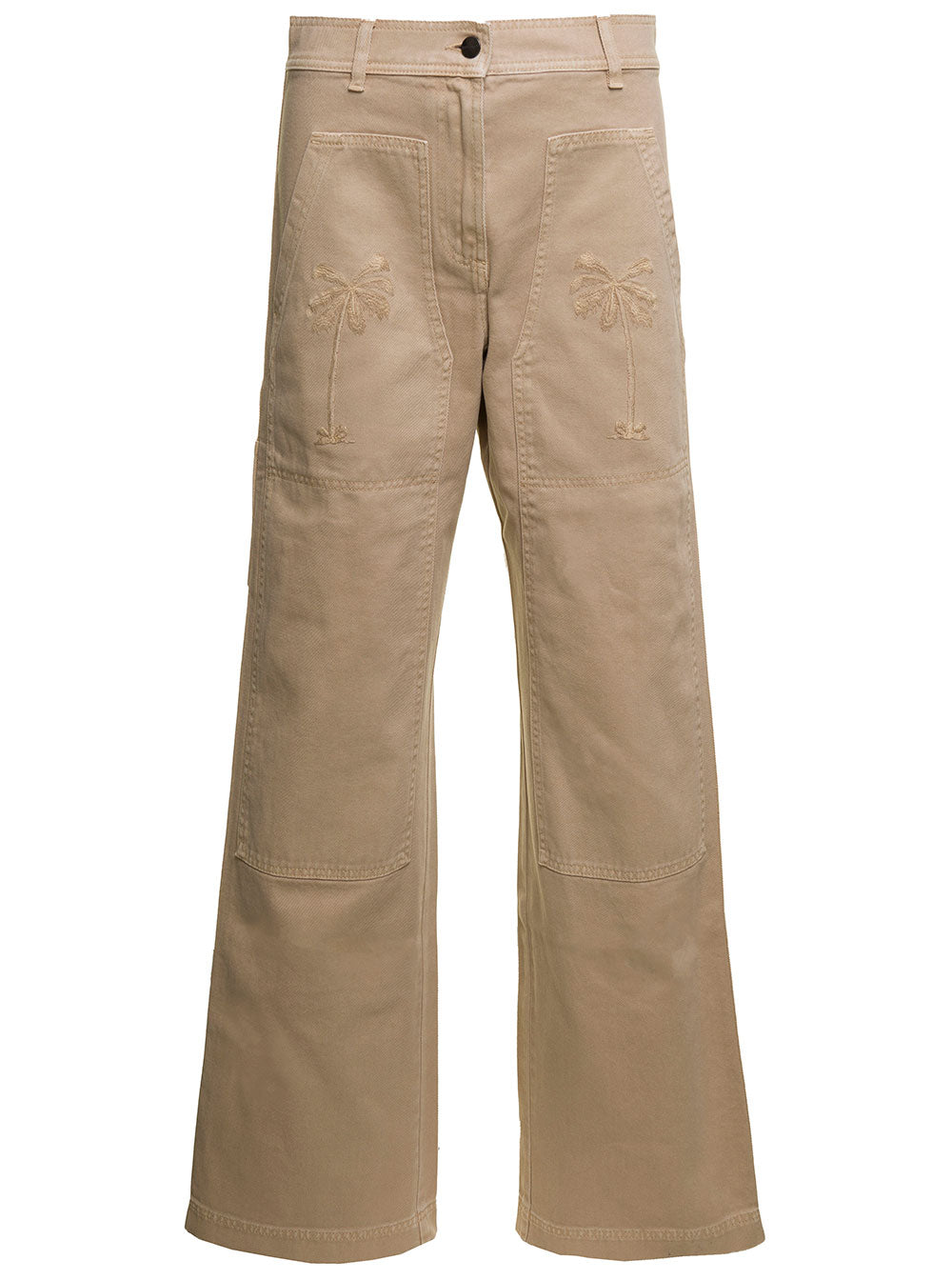 Palm Angels Women Beige 'Cargo' Pants With Embroidered Palm In Cotton Denim Woman PALM ANGELS