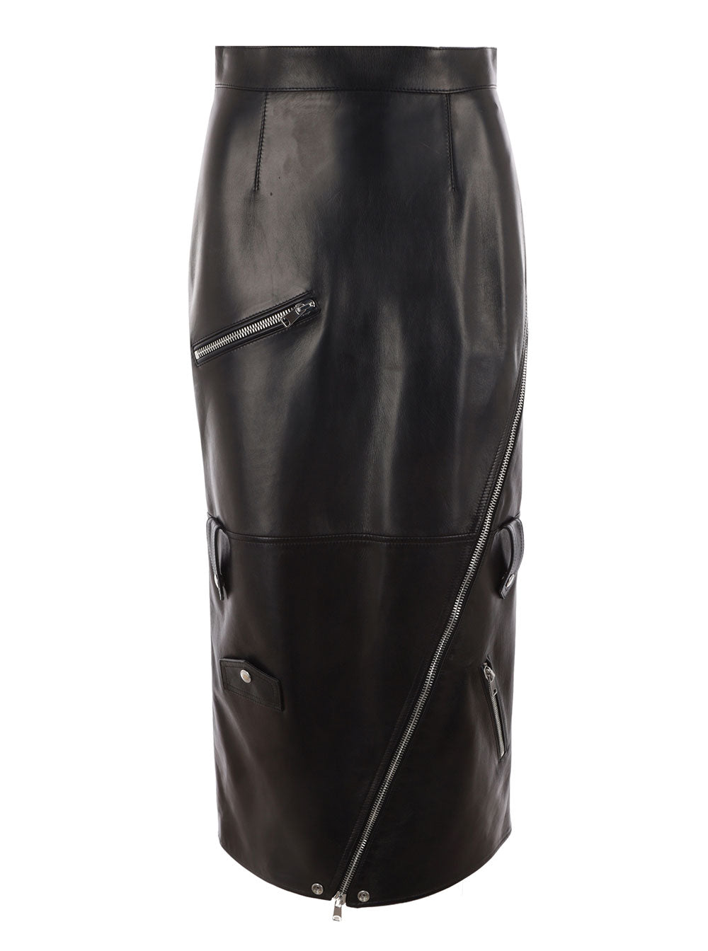 Alexander Mcqueen Women Long Black Skirt With Zip Embellishment In Smooth Leather Woman ALEXANDER MCQUEEN