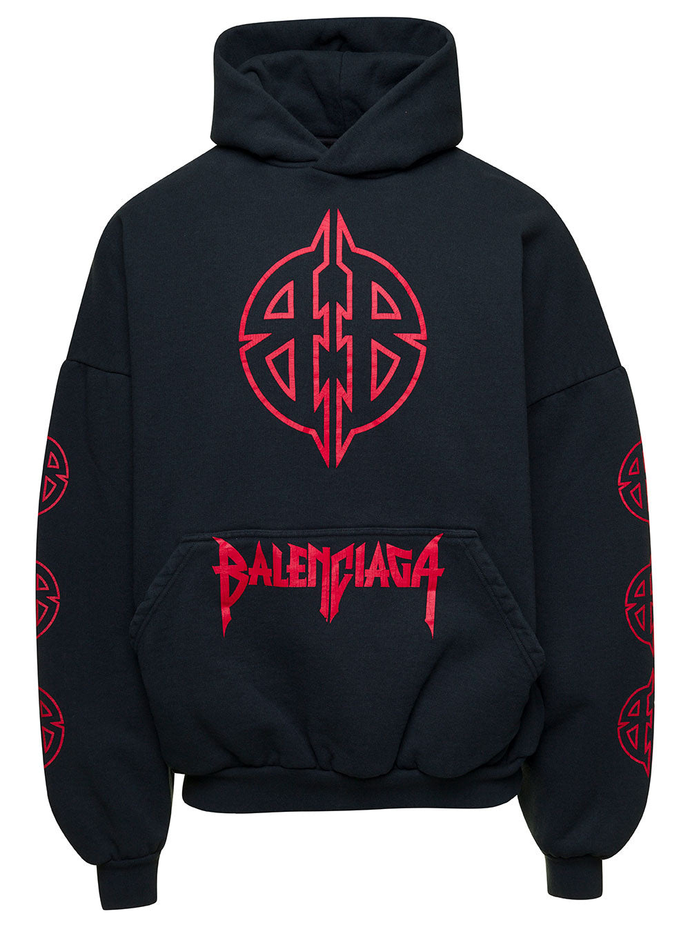 Balenciaga Men Black Hoodie With Maxi Logo Print On Front And Rear In Cotton Stretch Man BALENCIAGA