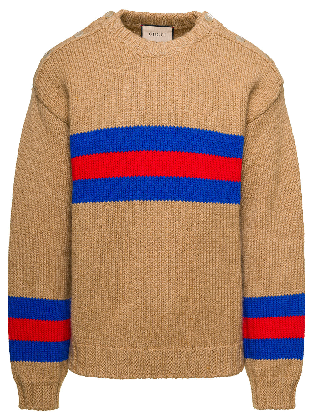 Gucci Men Camel Brown Crewneck Sweater With Web Intarsia In Wool And Mohair Man GUCCI