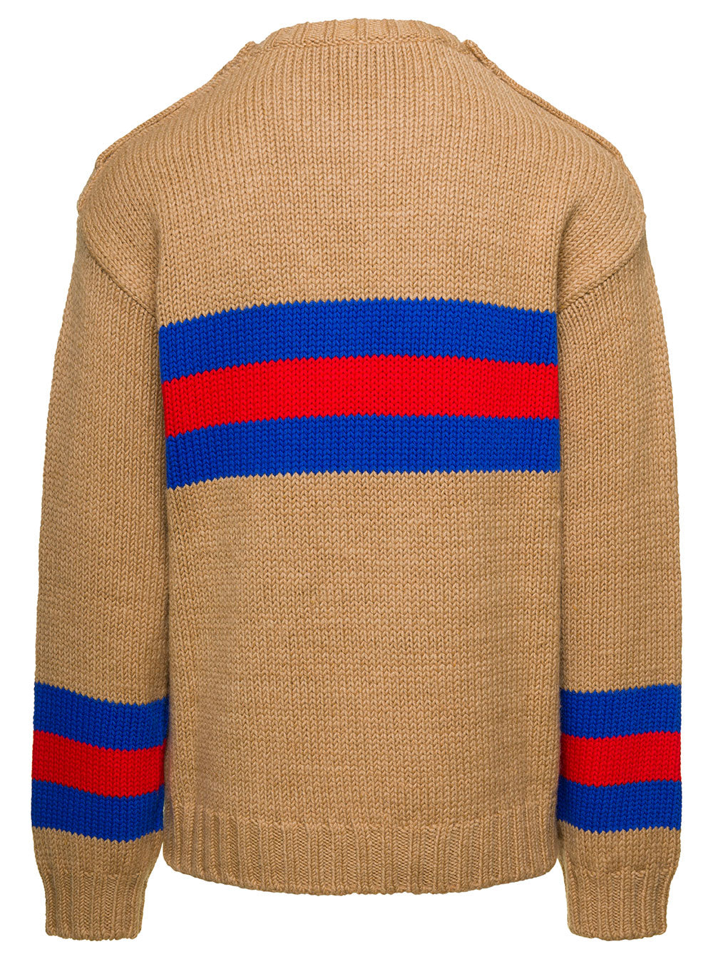 Gucci Men Camel Brown Crewneck Sweater With Web Intarsia In Wool And Mohair Man GUCCI