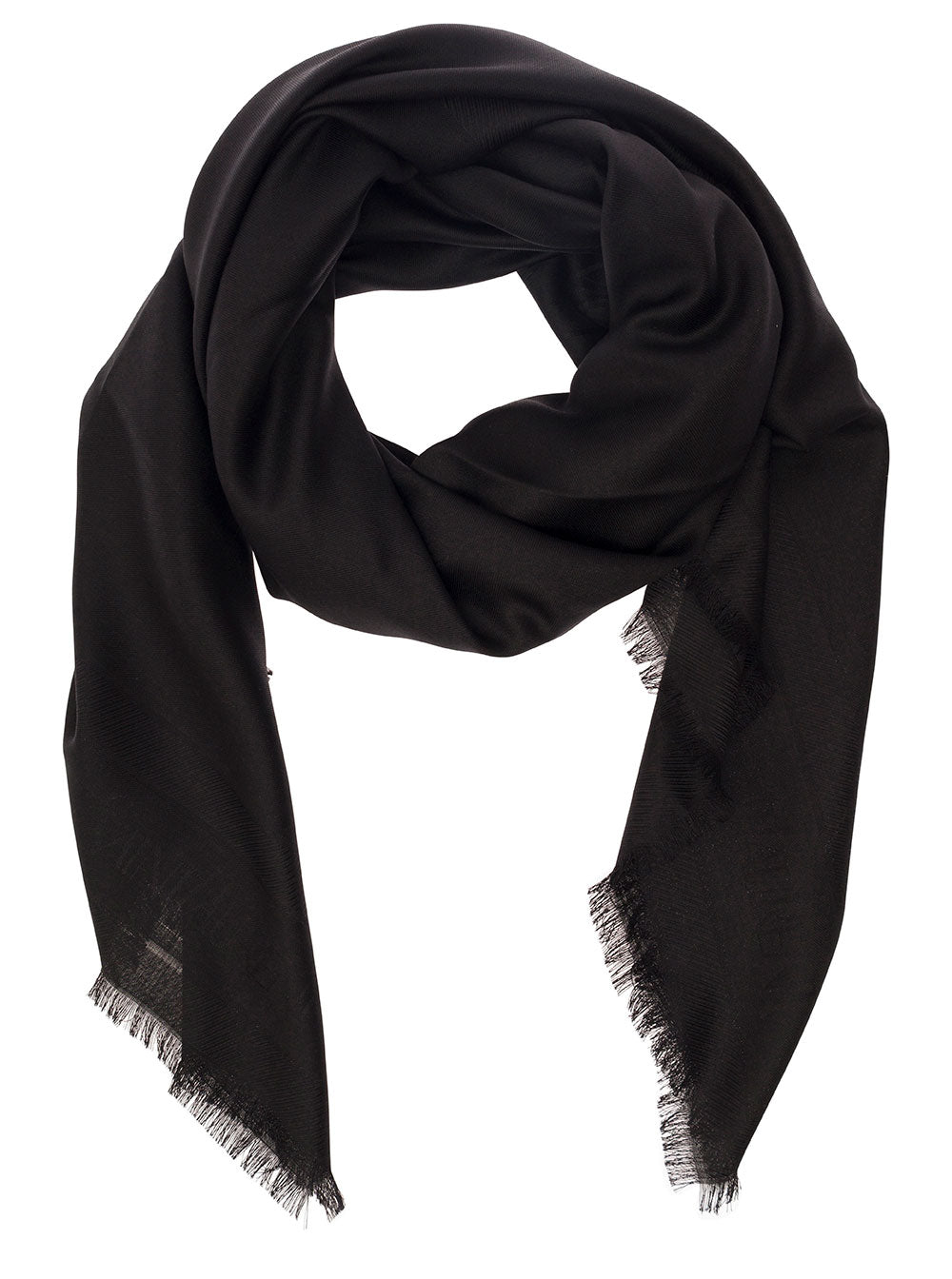 Saint Laurent Men Black Scarf With Jacquard Logo And Fringed Hem In Wool And Silk Man SAINT LAURENT