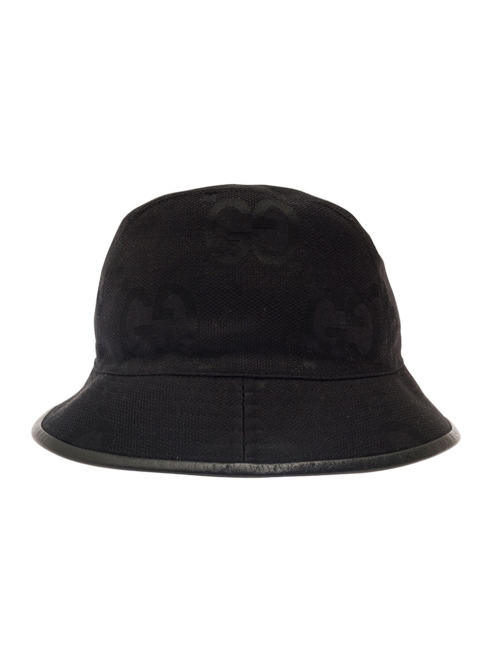 Gucci Men Black Bucket Hat With Leather Trimmings In Gg Jumbo Canvas Man GUCCI