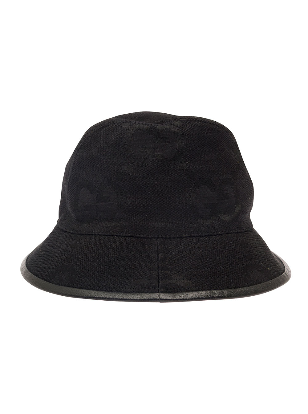 Gucci Men Black Bucket Hat With Leather Trimmings In Gg Jumbo Canvas Man GUCCI