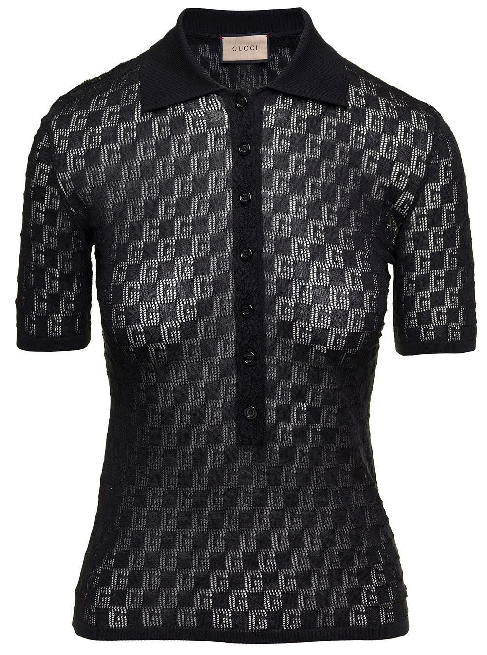 Gucci Women Black Polo Shirt With Button Closure And Gg Motif In Cotton And Silk Blend Woman GUCCI