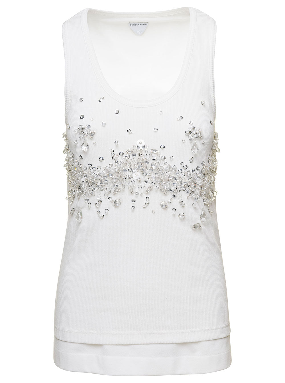Bottega Veneta Women White Ribbed Tank Top With Embroidered Crystal Embellishment In Jersey Woman BOTTEGA VENETA