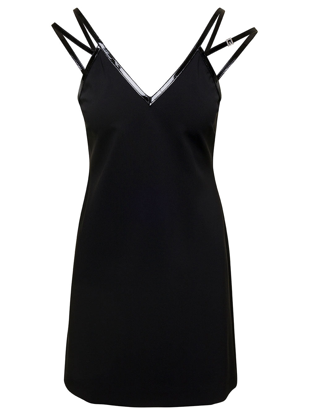 Gucci Women Mini Black Dress With Black Leather Trim And Double Strap In Stretch Viscose Woman GUCCI