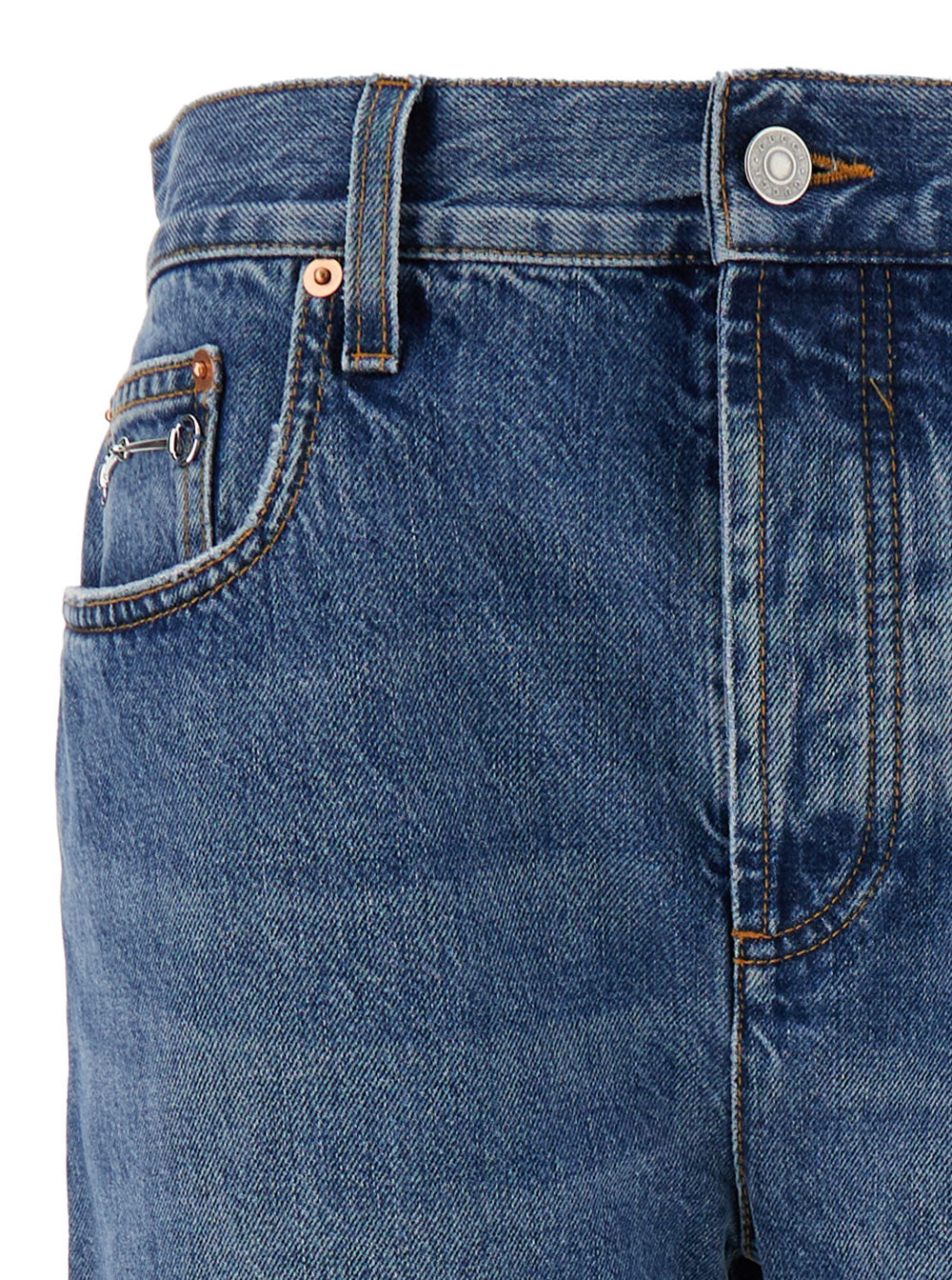 Gucci Women '90'S' Light Blue Jeans With Horsebit Detail And Turn-Up Hem In Cotton Denim Woman GUCCI