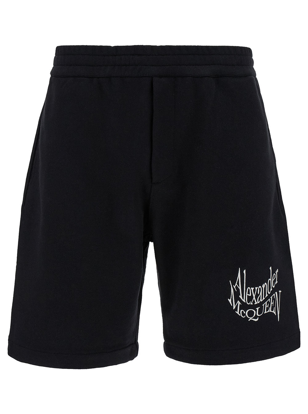 Alexander Mcqueen Men Black Shorts With Contrasting Logo Lettering Print In Cotton Man ALEXANDER MCQUEEN