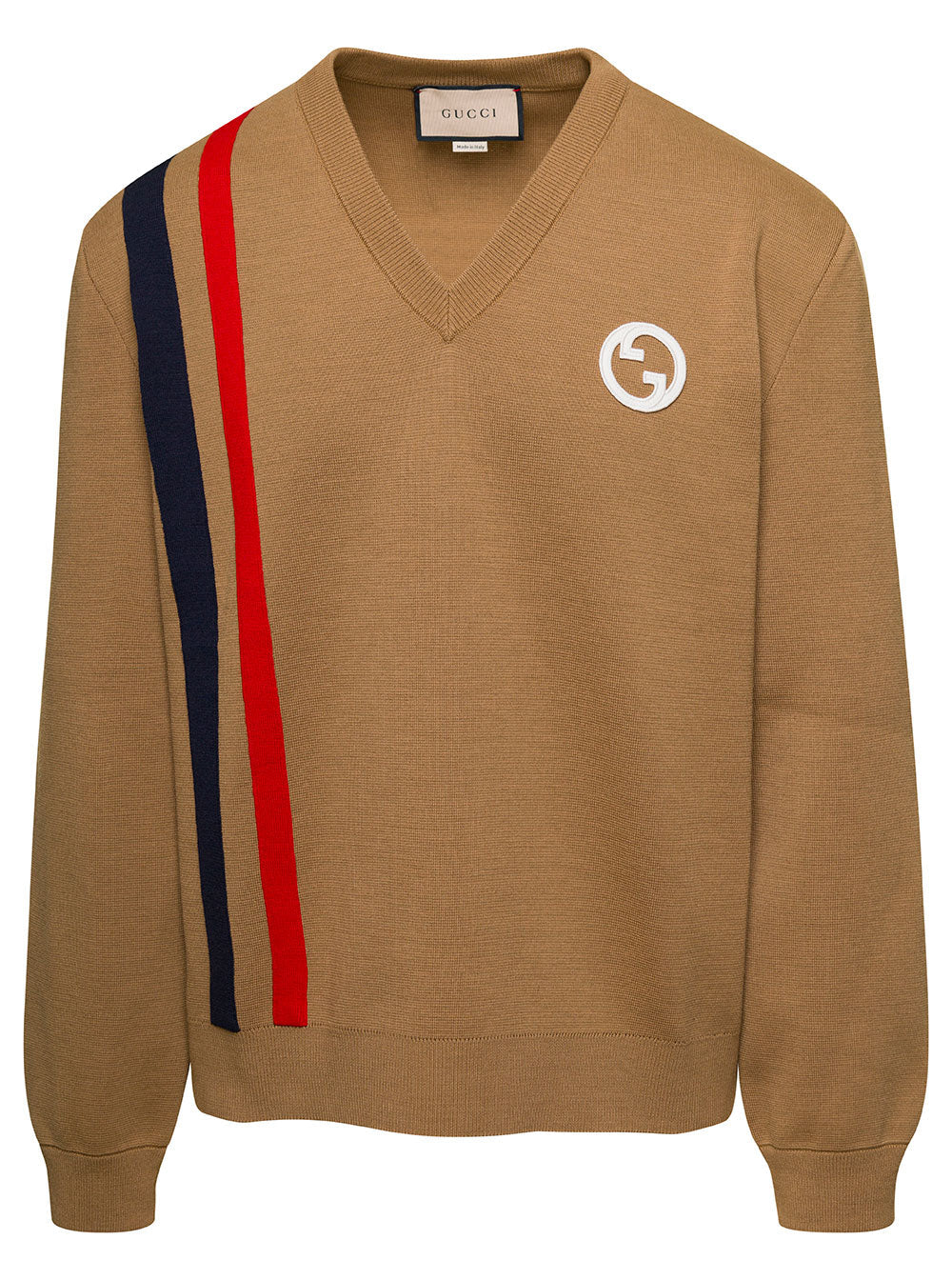 Gucci Men Beige Sweater With Interlocking G And V Neck In Wool Man GUCCI