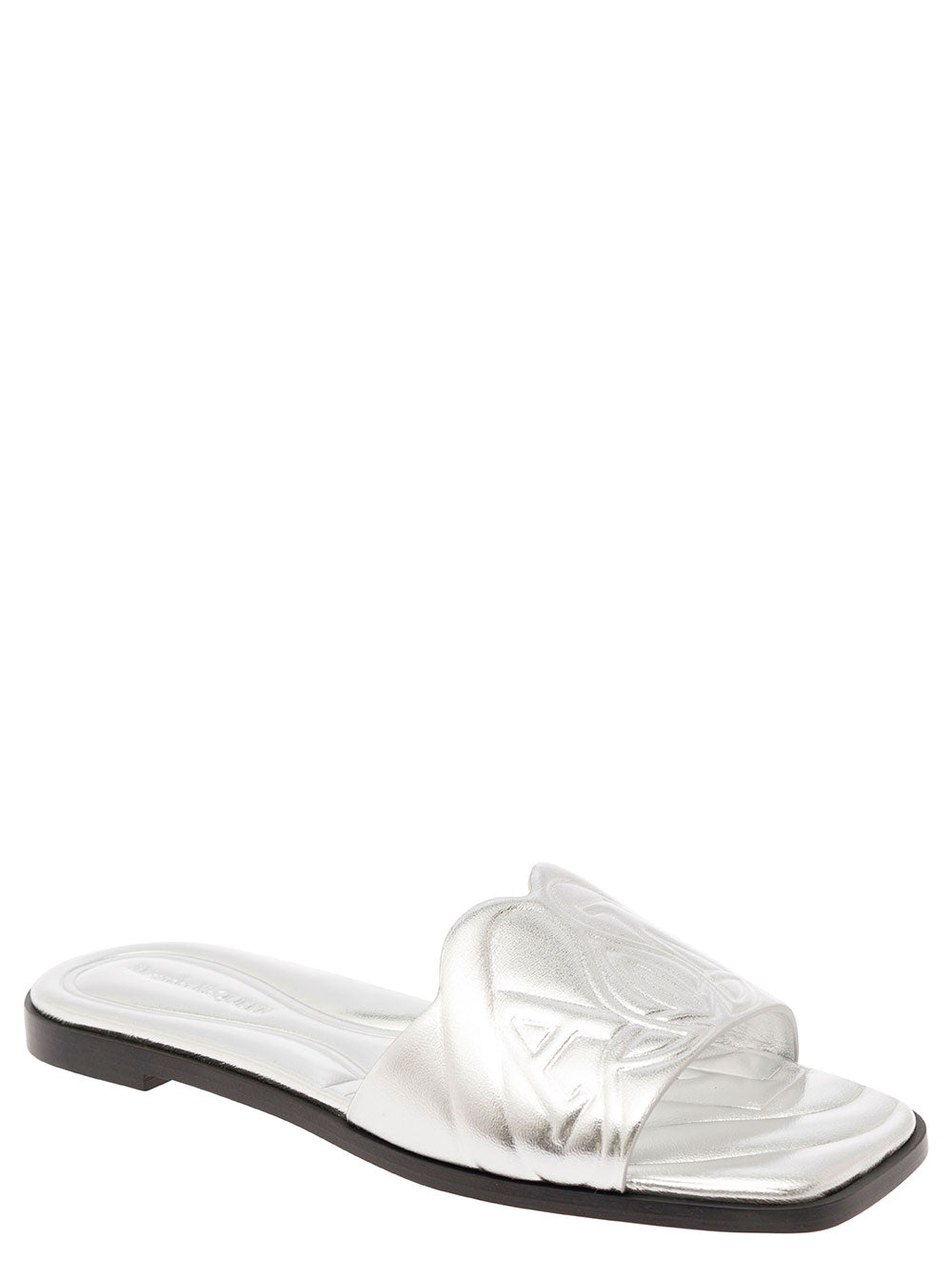 Alexander Mcqueen Women Metallic Flat Sandals With Embossed Motif In Metallic Leather Woman ALEXANDER MCQUEEN