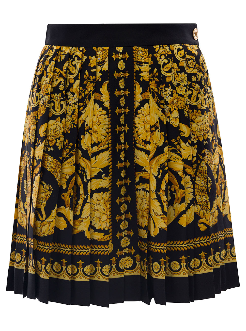 Versace Women Black And Golden Pleated Skirt With Baroque Print All-Over In Silk Woman VERSACE