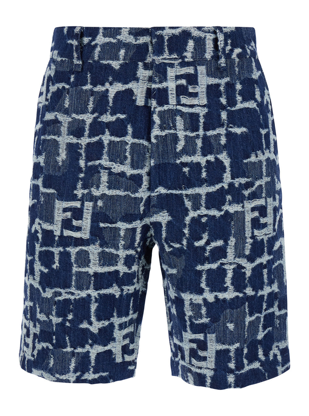 Fendi Men Blue Bermuda Shorts With Ff Print In Cotton And Linen Man FENDI