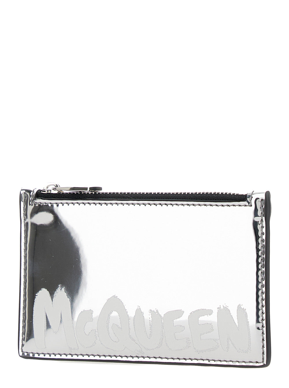 Alexander Mcqueen Men Silver Card-Holder With Mcqueen Graffiti Logo In Laminated Leather Man