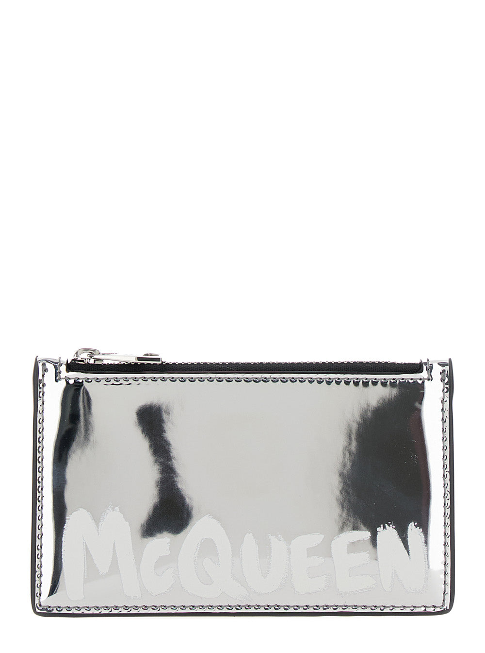 Alexander Mcqueen Men Silver Card-Holder With Mcqueen Graffiti Logo In Laminated Leather Man