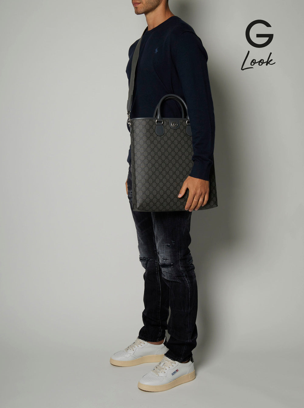 Gucci Men 'Ophidia Gg Media' Black And Grey Tote Bag In Gg Supreme Canvas Man GUCCI