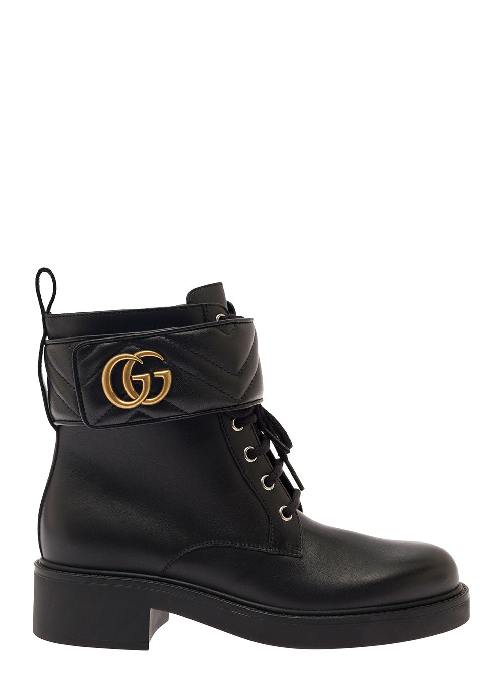 Gucci Women Black Ankle Boot With Double 'G' And Textured Hardware In Leather Woman GUCCI
