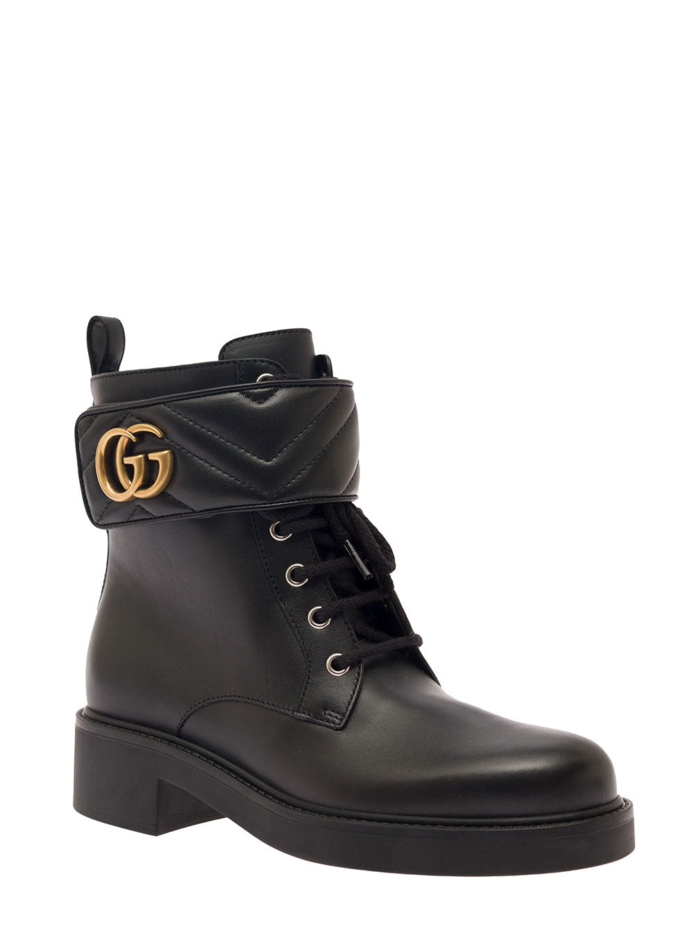 Gucci Women Black Ankle Boot With Double 'G' And Textured Hardware In Leather Woman GUCCI